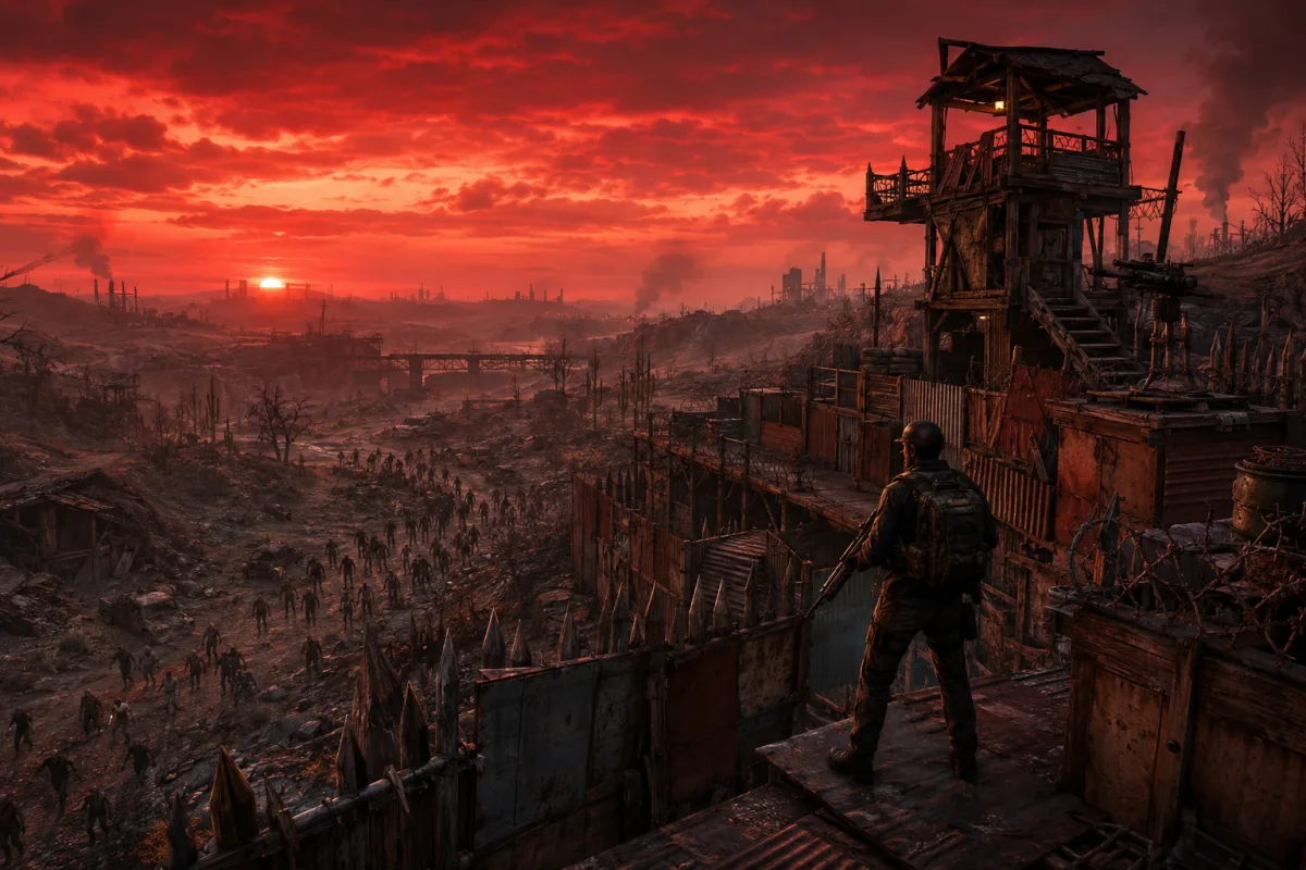 7 Days to Die server – fortified base with a watchtower, a survivor overlooking an approaching zombie horde under a red sky