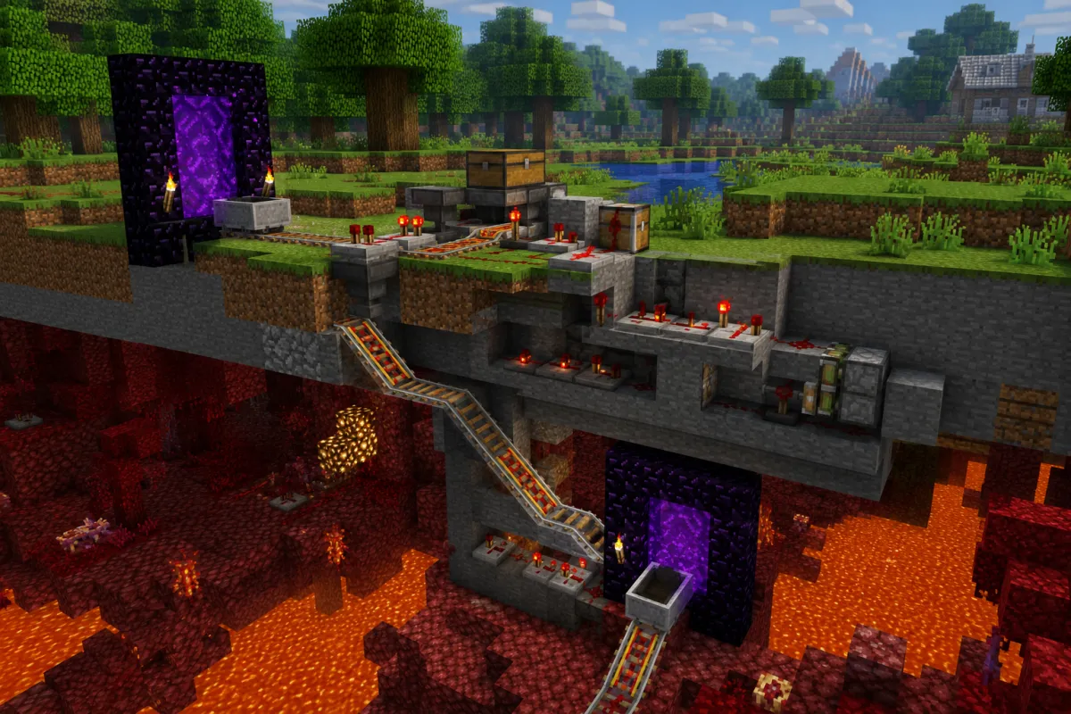 Querschnitt eines Netherportal-Chunkloaders: Portal in der Oberwelt und im Nether, Loren auf Schienen und Redstone