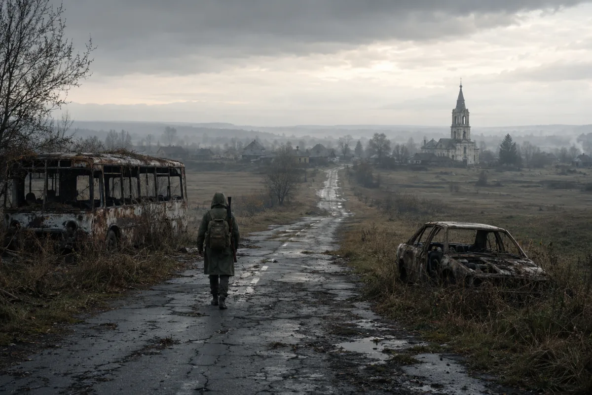 DayZ Server – Überlebender mit Gewehr auf einer verfallenen Landstraße, ausgebrannter Bus und Autowrack am Straßenrand, verlassenes Dorf mit Kirchturm im Nebel