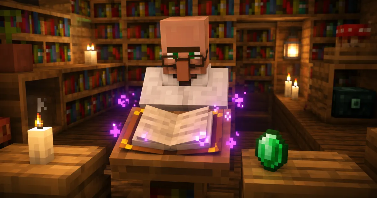 Minecraft-Bibliothekar mit verzaubertem Buch für Reparatur