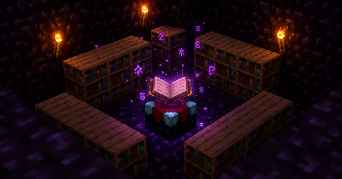 Minecraft-Zaubertisch mit 15 Bücherregalen für Verzauberungen auf Level 30