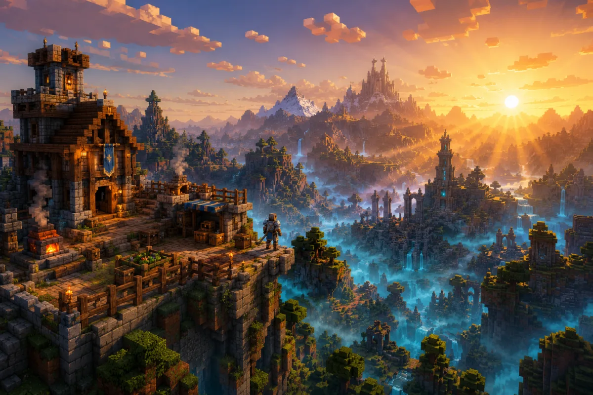 Enshrouded server – a stone base on a cliff edge above a misty voxel fantasy valley at sunset, a hero with a sword