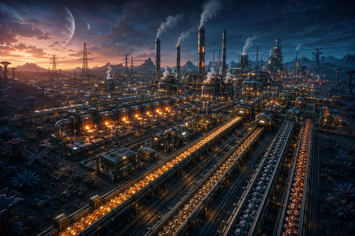 Factorio Server – weitläufige Fabrikanlage bei Abenddämmerung mit Fließbändern voller Erz, glühenden Schmelzöfen, Rohrleitungen und Strommasten auf einem fremden Planeten