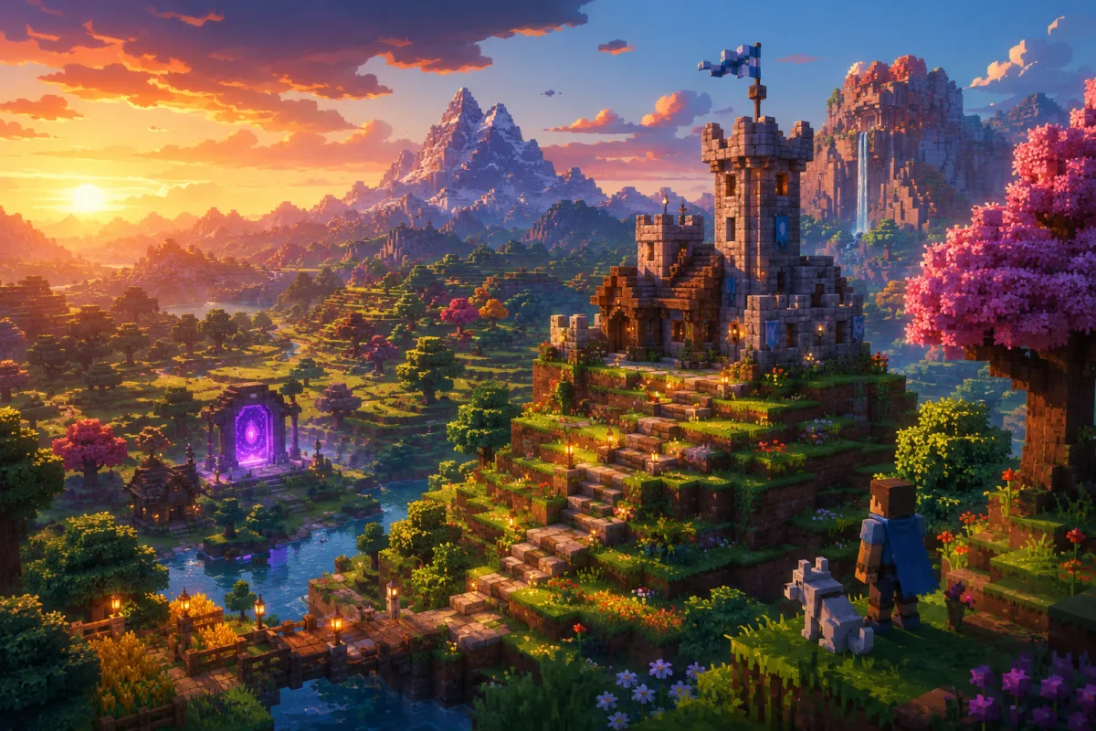 Hytale Server erstellen – eigene Multiplayer-Welt mit Burg, magischem Portal und Spieler in einer Hytale-Landschaft