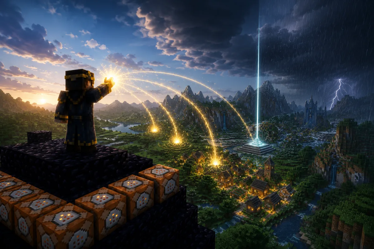 Minecraft Befehle – Spielfigur auf einer Obsidian-Plattform mit Befehlsblöcken schickt goldene Lichtbögen über eine Welt, in der auf einer Seite die Sonne scheint und auf der anderen ein Gewitter tobt