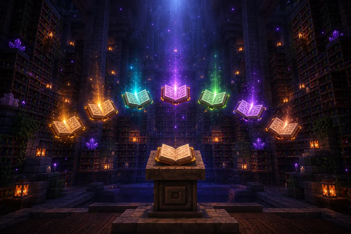 Minecraft Gamerules – nächtliche Bibliothek aus Bücherregalen mit sieben schwebenden, farbig leuchtenden Büchern über einem Lesepult