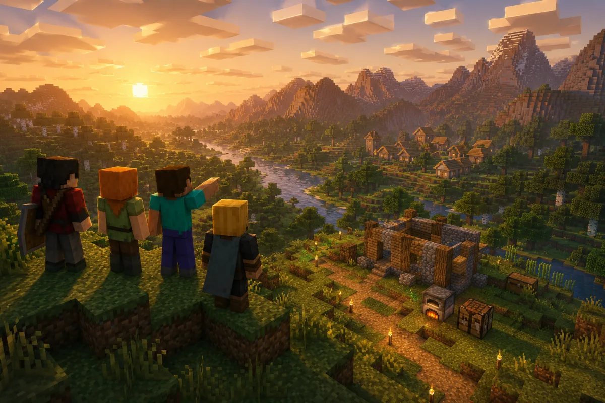 Creating a Minecraft server – four player characters on a hilltop at sunset overlooking a new world with a half-built house, crafting table, furnace and a village by the river