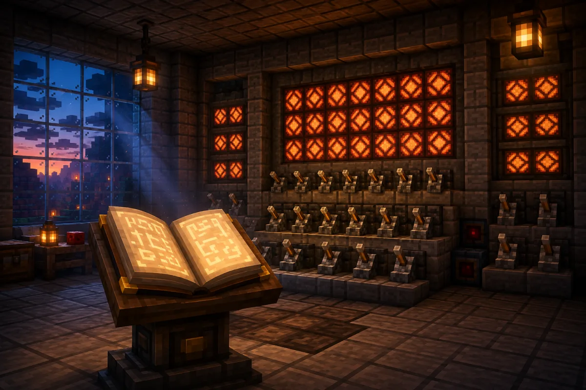 Minecraft server.properties – blockiger Kontrollraum bei Abenddämmerung mit Reihen von Hebeln, leuchtenden Redstone-Lampenwänden und einem aufgeschlagenen Buch auf einem Lesepult
