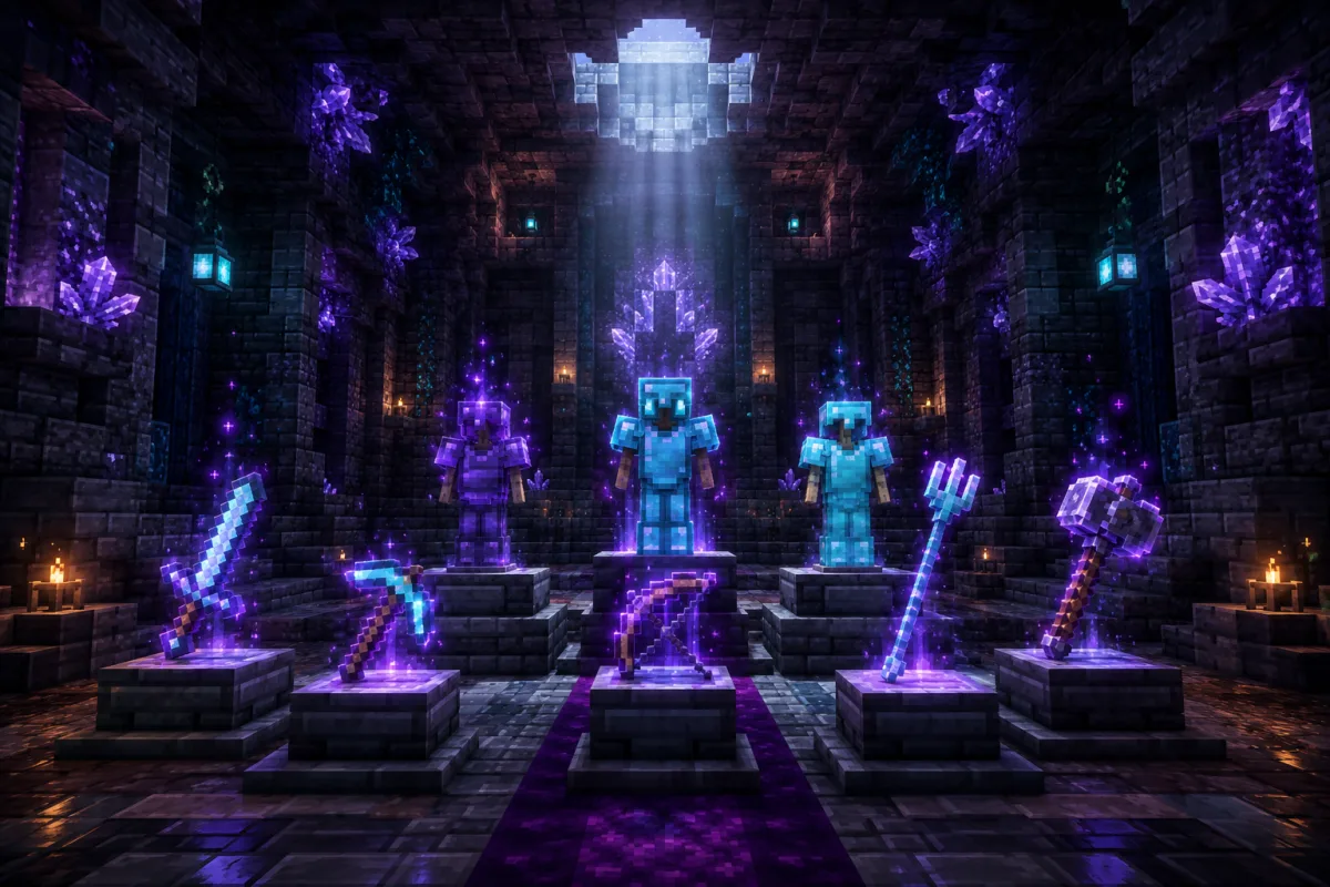 Minecraft Verzauberungen – Schatzkammer aus Tiefenschiefer mit Amethyst, verzauberte Diamant- und Netherit-Rüstungen auf Podesten sowie Schwert, Spitzhacke, Bogen, Dreizack und Streitkolben im violetten Verzauberungsglanz