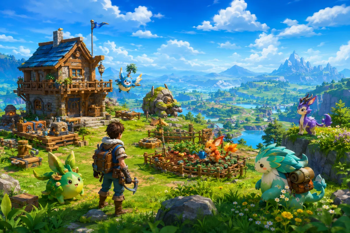 Palworld Server – bunte Kreaturen-Survival-Welt mit Spielerbasis, Werkbänken und Pals auf grüner Hügellandschaft