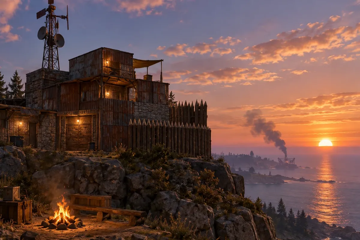 Rust Server – Basis aus Wellblech und Holz auf einer Küstenklippe in der Abenddämmerung, mit Funkturm, Lagerfeuer und Rauchsäule über dem Meer