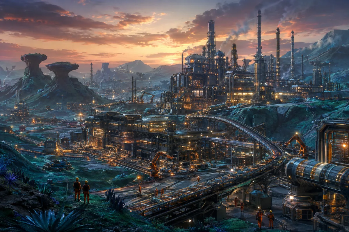 Satisfactory Server – riesige futuristische Fabriklandschaft mit Förderbändern, Rohren und Ingenieuren in der Abenddämmerung