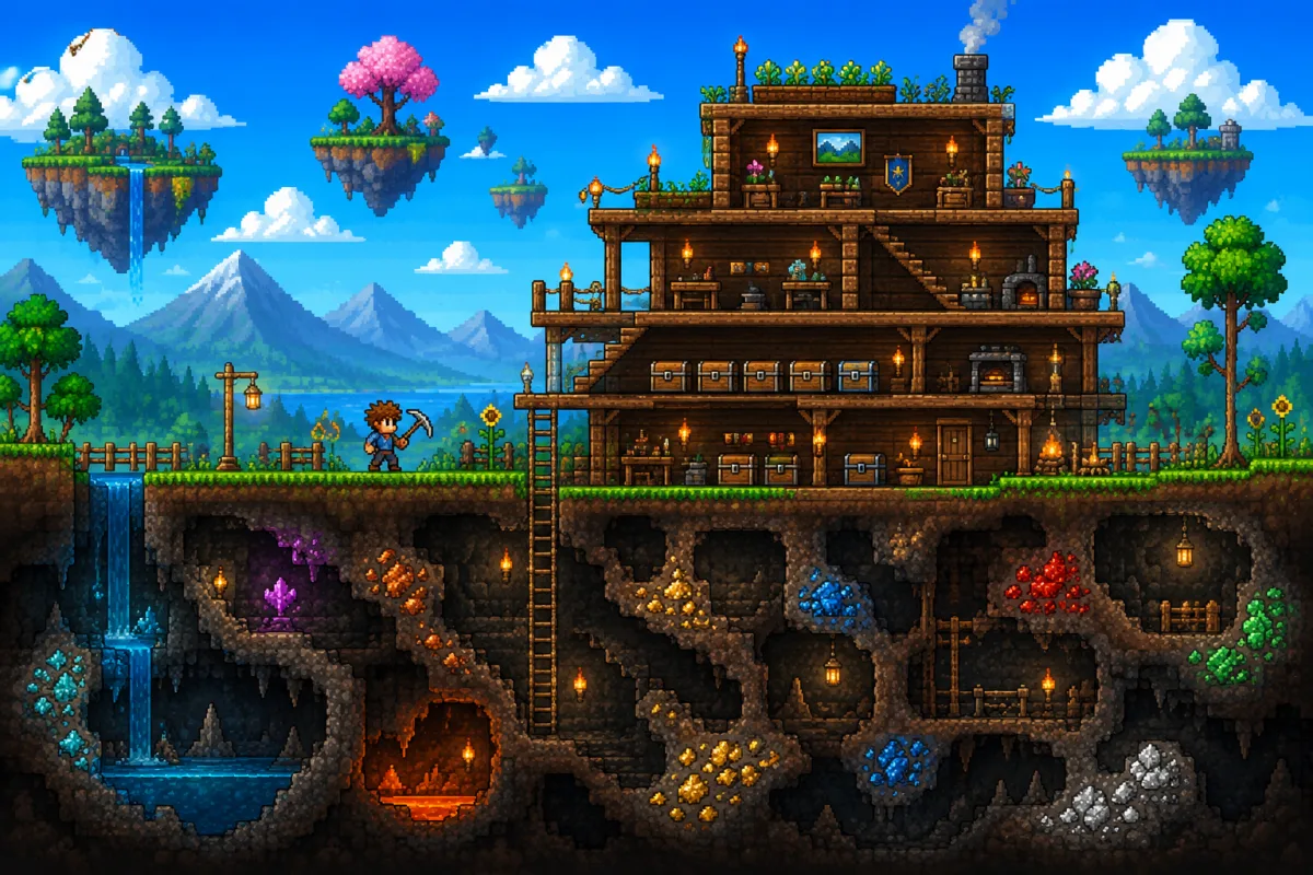 Terraria server – pixel-art diorama with a multi-storey wooden base, a player with a pickaxe, floating islands and a cave full of ores