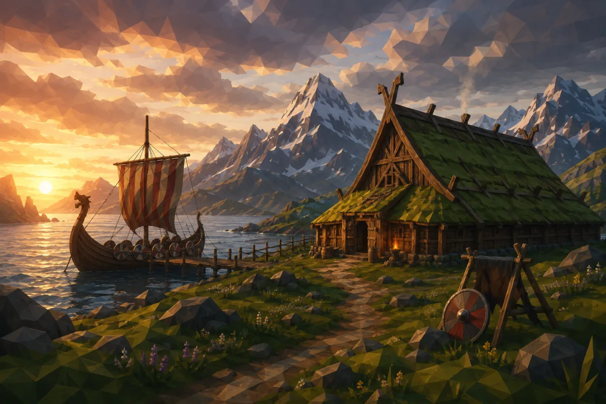 Valheim Server – Low-Poly-Wikingerdorf mit Langhaus, Drachenboot und verschneiten Bergen im Abendlicht