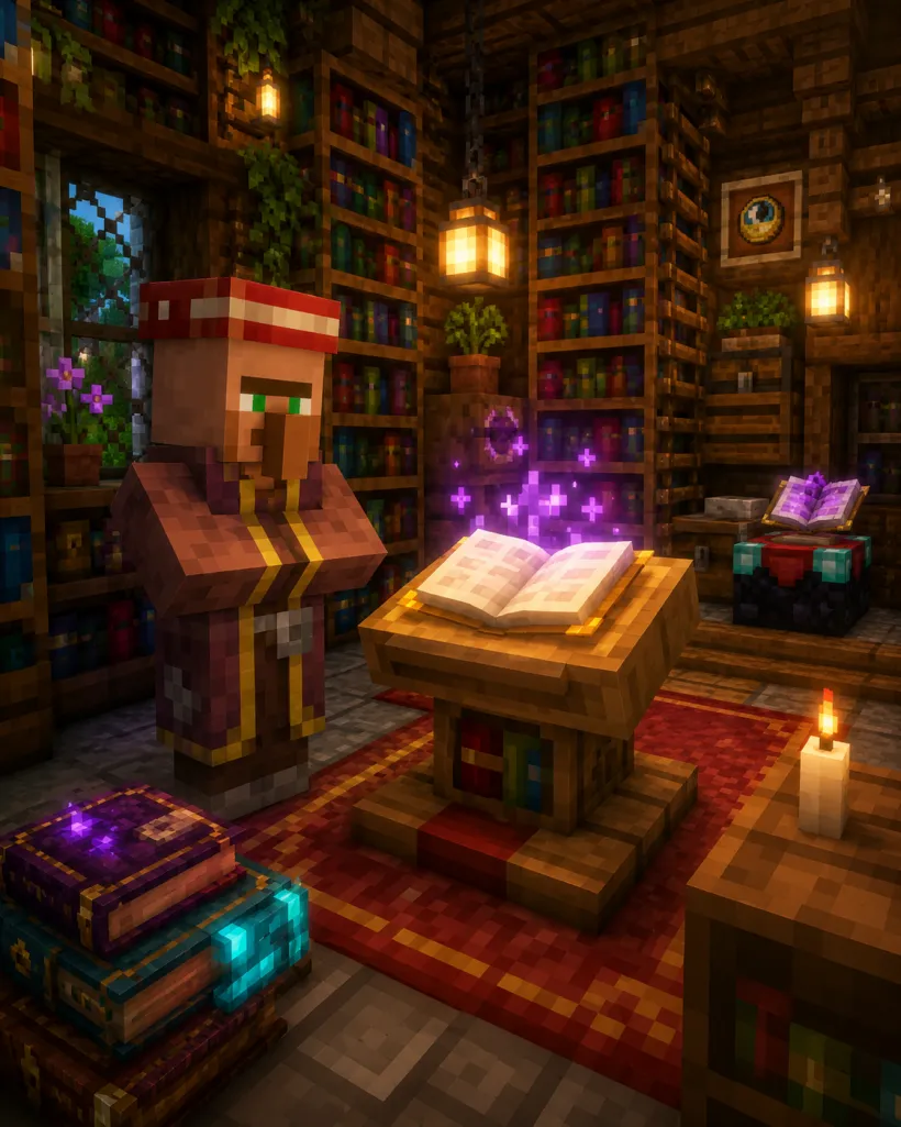 Bibliothekar am Lesepult mit magisch leuchtendem Buch, umgeben von Bücherregalen