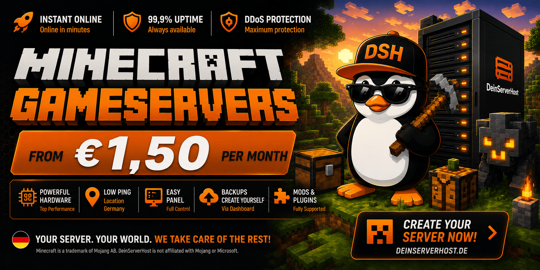 Minecraft game servers from €1.50 per month at DeinServerHost – create your server now