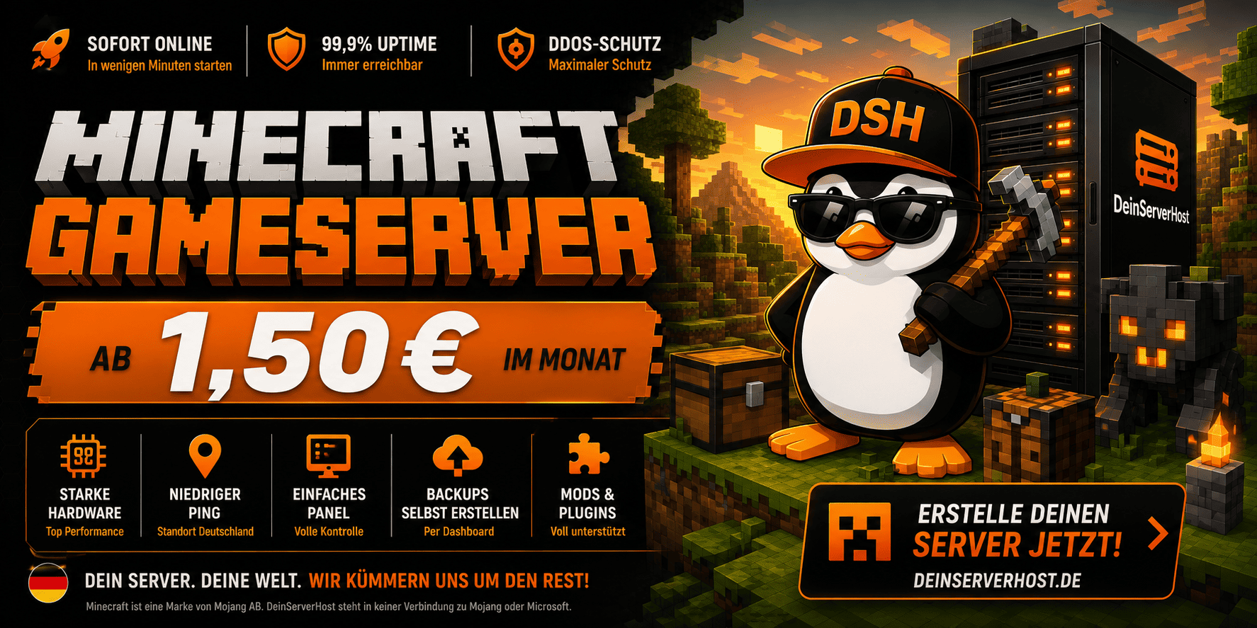 Minecraft Gameserver ab 1,50 € im Monat bei DeinServerHost – jetzt Server erstellen